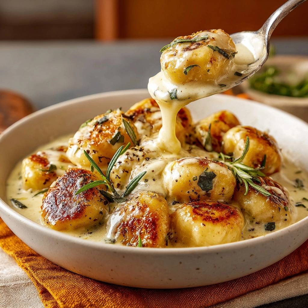 Creamy sage gnocchi with a spoonful of gnocchi being lifted, showing a delicious cheese pull.