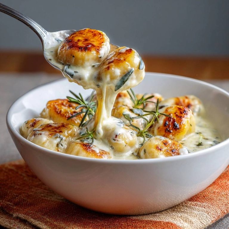 Creamy sage gnocchi with a spoonful showing a cheese pull, garnished with rosemary sprigs.
