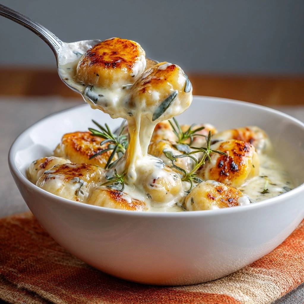 Creamy sage gnocchi with a spoonful showing a cheese pull, garnished with rosemary sprigs.