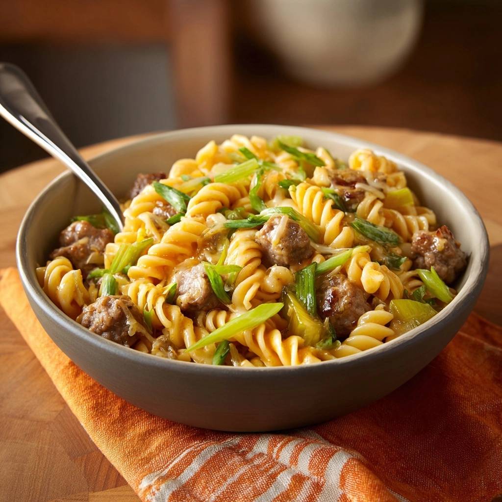 Creamy sausage fusilli in a bowl with a fork, showcasing the pasta spirals, sausage pieces, and green onions.