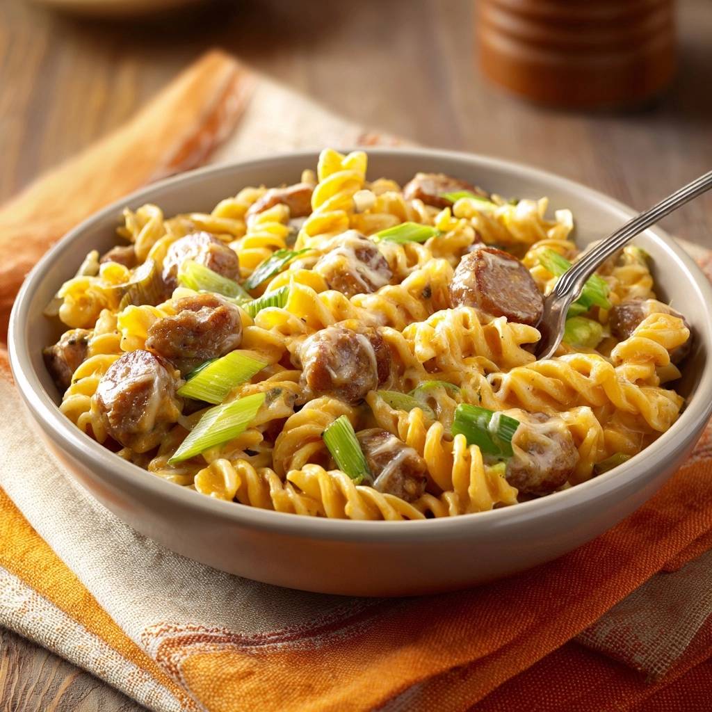 Creamy sausage fusilli with juicy sausage perfection, shown with a spoonful being lifted from the bowl.