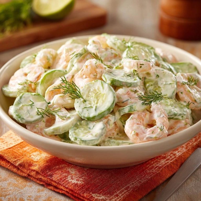 Creamy shrimp cucumber dill salad served in a white bowl, garnished with fresh dill.