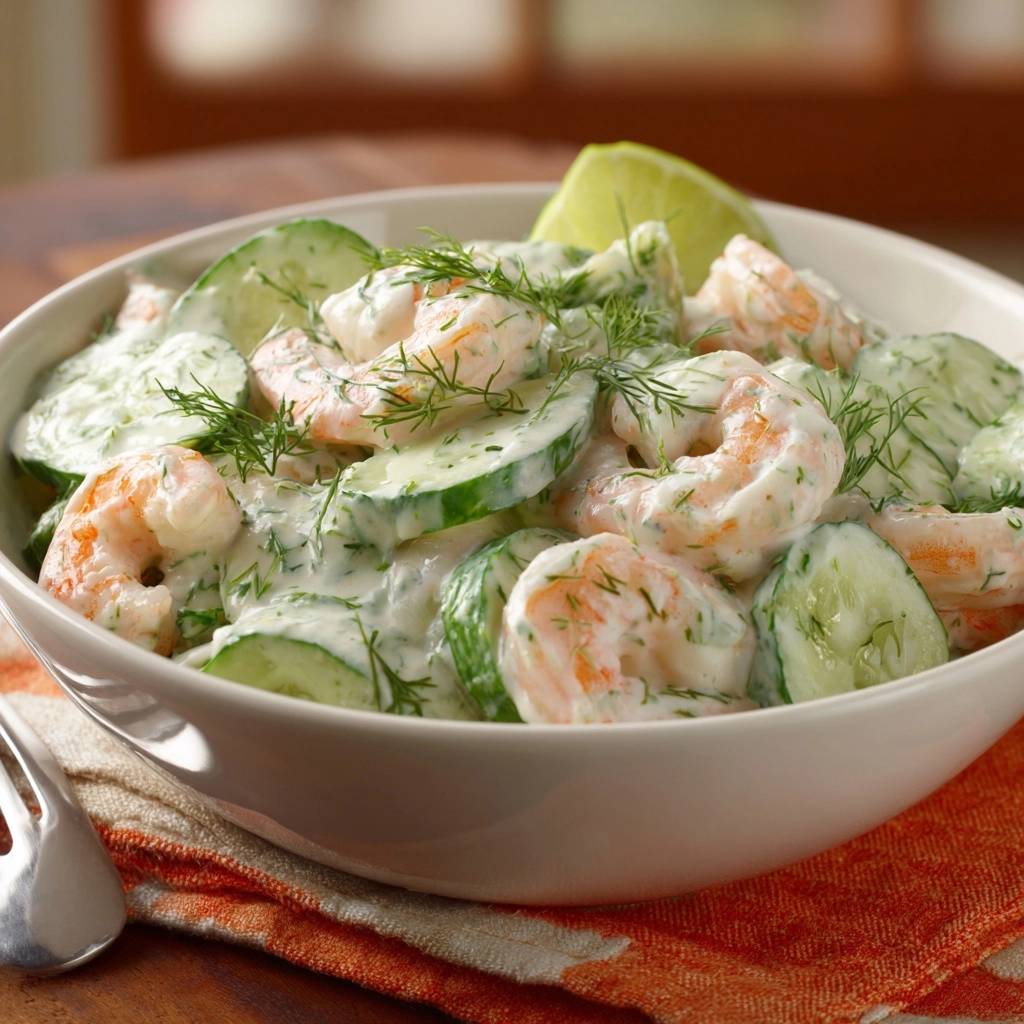 Creamy shrimp cucumber dill salad in a white bowl, garnished with fresh dill and lime, with a fork on the side.