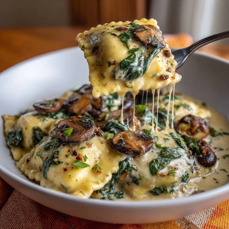 Creamy spinach mushroom ravioli with a thick sauce, featuring a close-up of a fork lifting ravioli with a satisfying cheese pull.