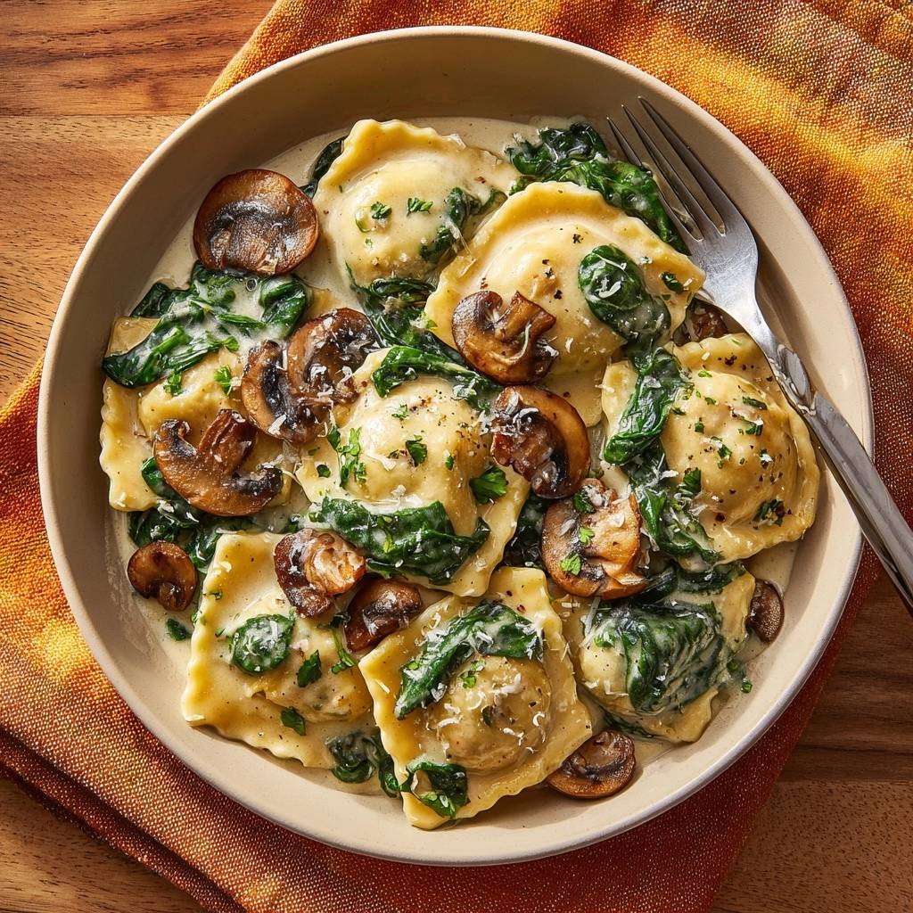 Creamy spinach mushroom ravioli with a thick sauce, viewed from directly overhead in a bowl.