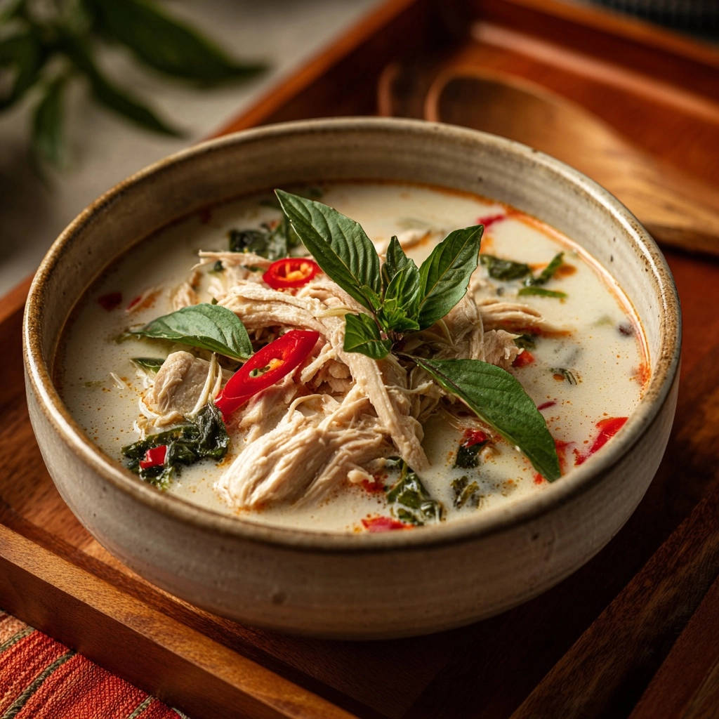 Creamy Thai green chicken curry served in a rustic bowl, garnished with fresh basil and chili slices.