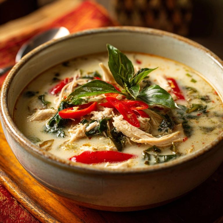 Creamy Thai green chicken curry with shredded chicken, red chilies, and fresh basil garnish in a bowl