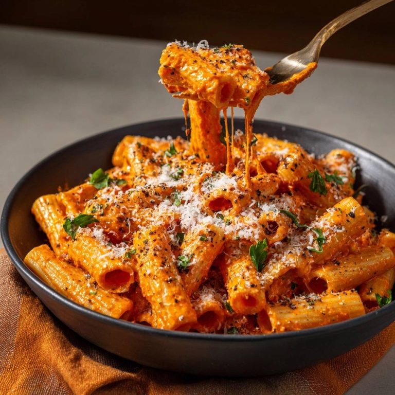 Creamy tomato rigatoni with a forkful pulling away, showing cheesy emulsion and fresh parsley garnish.