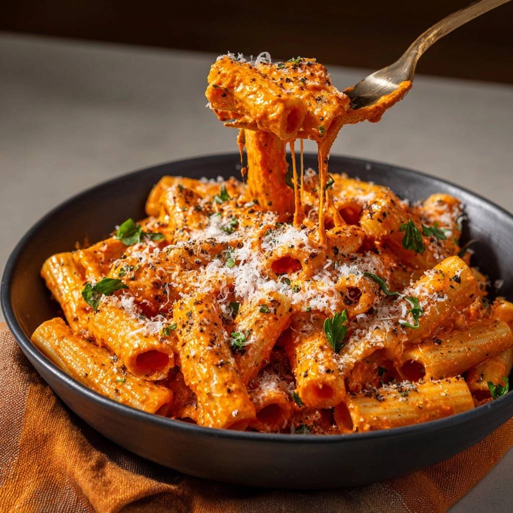 Creamy tomato rigatoni with a forkful pulling away, showing cheesy emulsion and fresh parsley garnish.