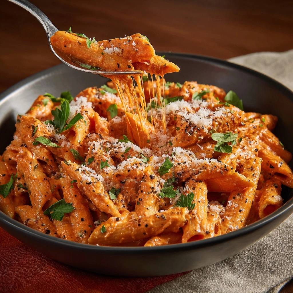 Creamy tomato rigatoni with a spoonful showing a satisfying cheese pull, garnished with parsley and parmesan.