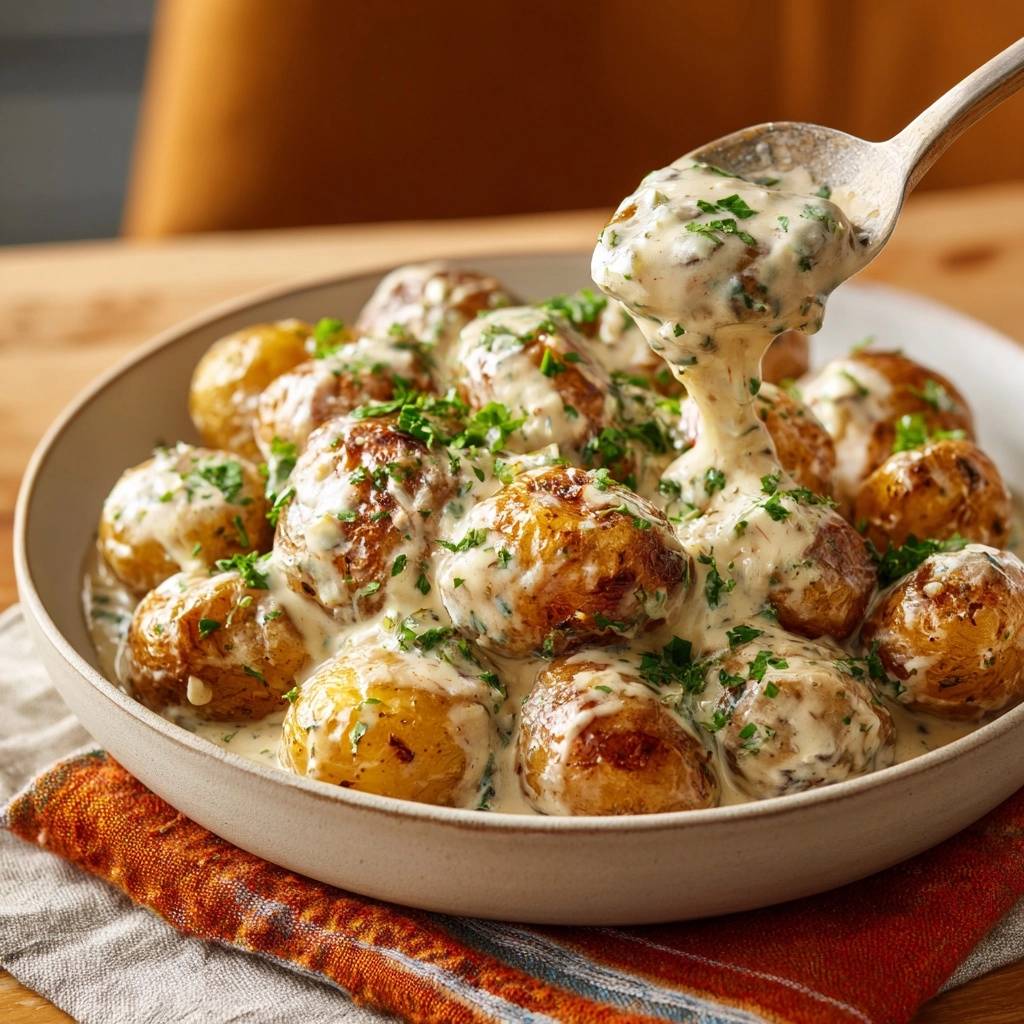 Crispy baby potatoes with herbed cream sauce being scooped with a spoon, showcasing the creamy texture and fresh herbs.
