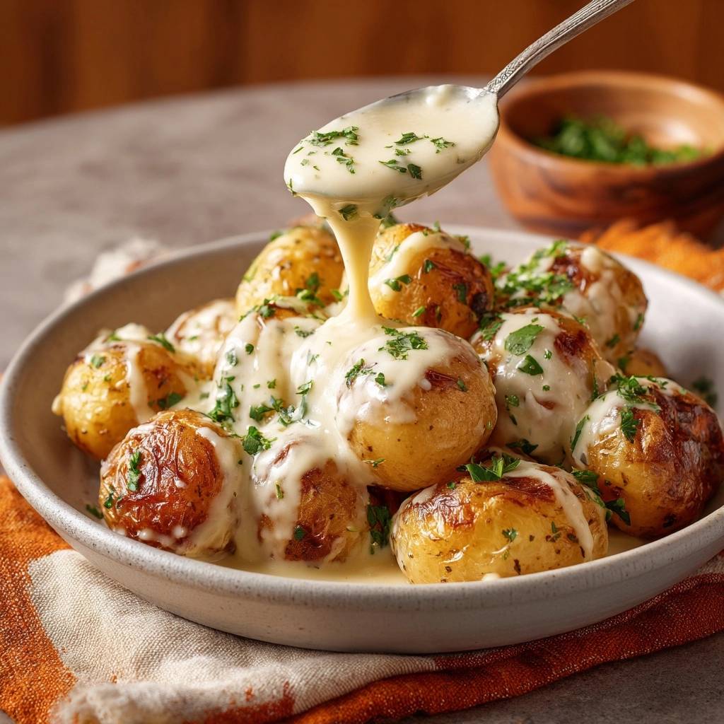 Crispy baby potatoes with herbed cream sauce being poured from a spoon, garnished with parsley.