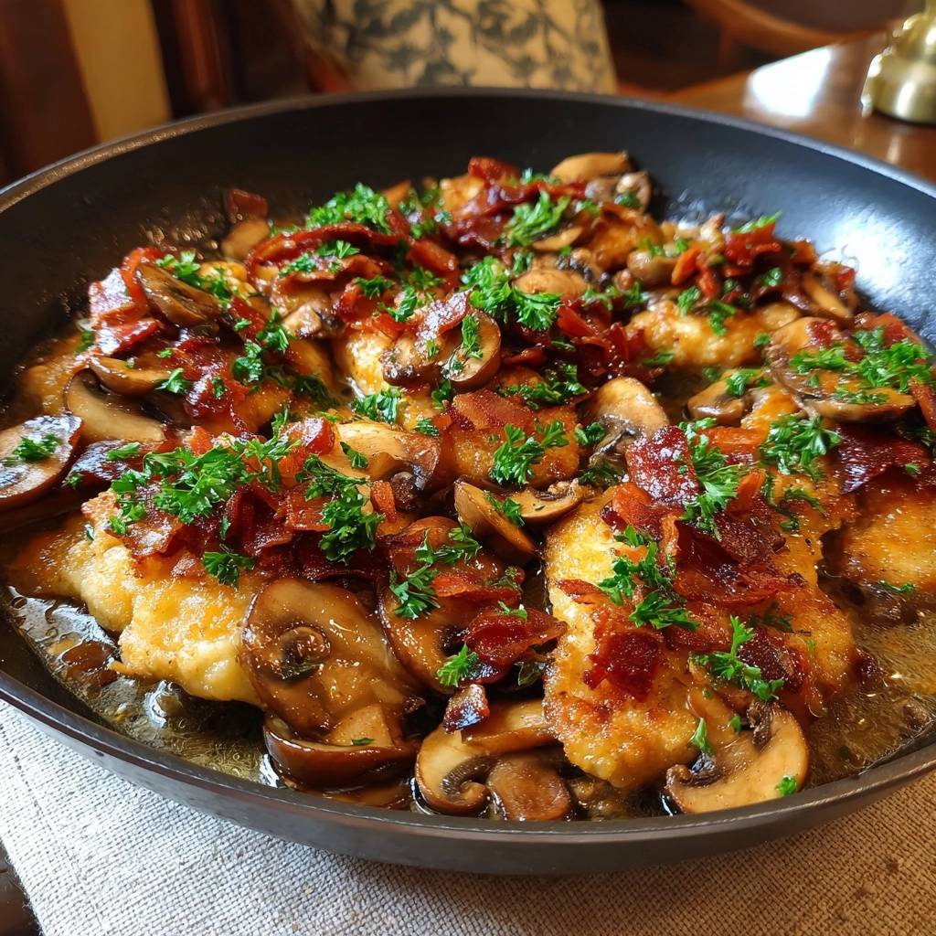 Crispy breaded chicken with bacon mushroom sauce, served in a skillet and garnished with parsley.