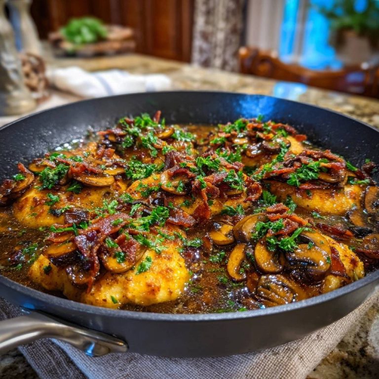 Crispy breaded chicken with bacon mushroom sauce served in a skillet, garnished with fresh parsley.