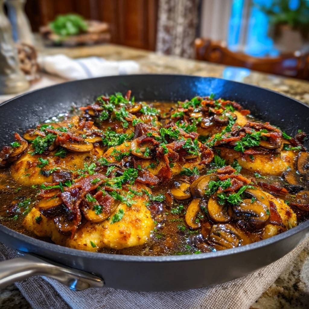 Crispy breaded chicken with bacon mushroom sauce served in a skillet, garnished with fresh parsley.