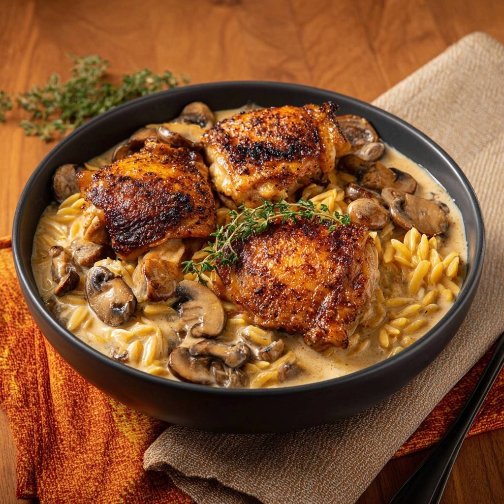 Skillet crispy chicken thighs with creamy mushroom orzo served in a dark bowl, garnished with thyme.