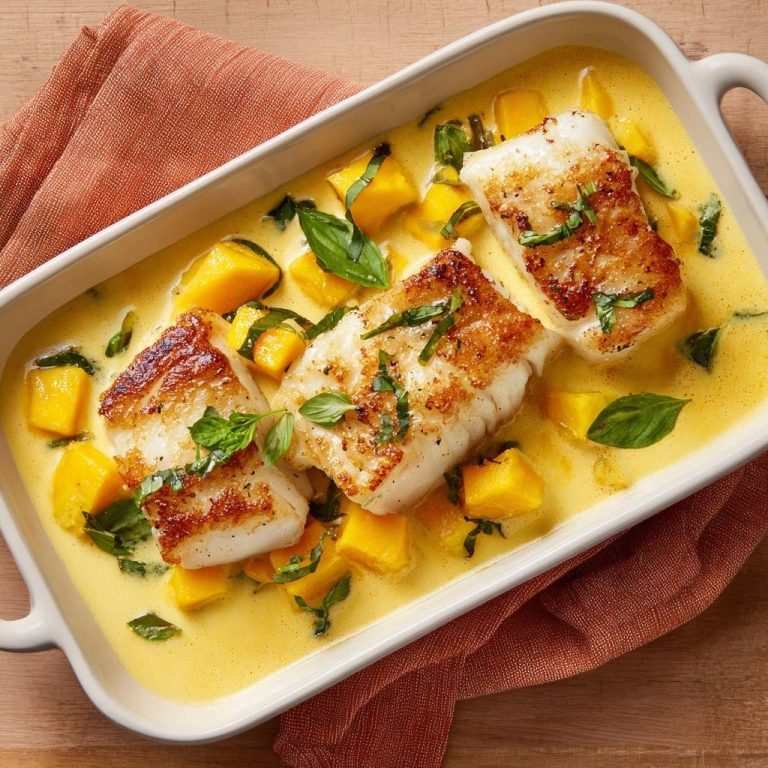 Crispy cod in mango basil curry presented in a white dish with diced mango and fresh basil leaves.