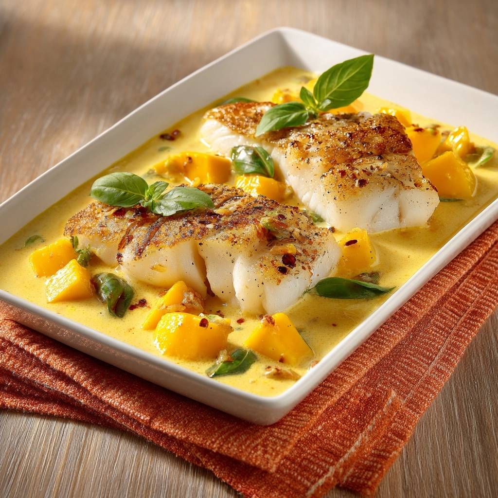 Crispy cod in mango basil curry, two pan-seared fillets served in a creamy sauce with diced mango and basil leaves.