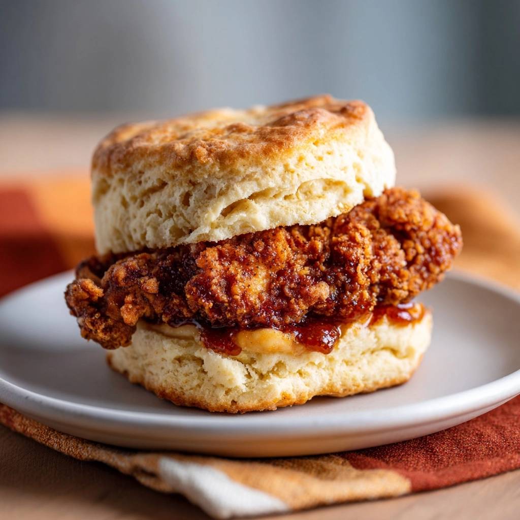 Crispy fried chicken biscuit sandwich on a plate with a close-up view of the crispy chicken and fluffy biscuit.