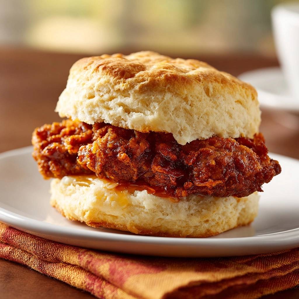 Crispy fried chicken and biscuit sandwich with a close-up view of a honey drizzle between the fluffy biscuit halves.