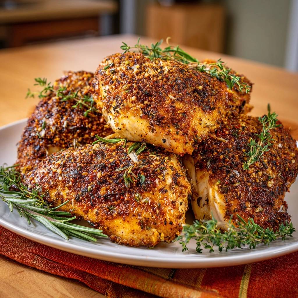 Crispy herb-crusted chicken served on a white plate, garnished with fresh rosemary and thyme sprigs.