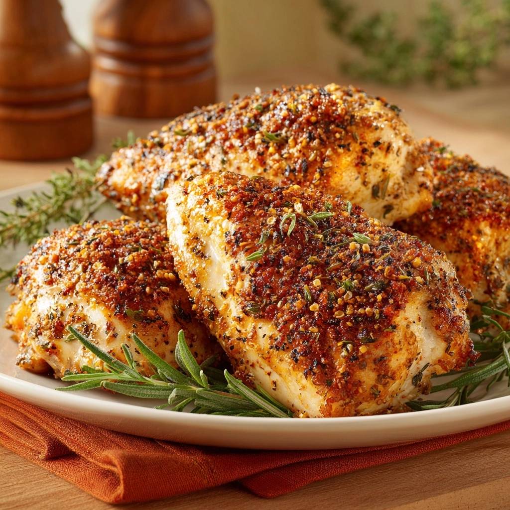 Crispy herb-crusted chicken served on a white plate with fresh rosemary and thyme sprigs.