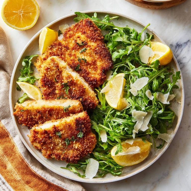 Crispy lemon chicken Milanese sliced and served with arugula salad and lemon wedges on a plate.