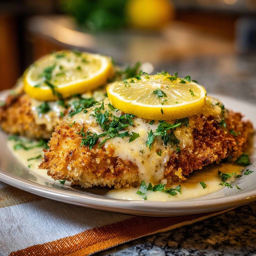 Crispy lemon cream chicken plated with a creamy sauce, fresh parsley, and lemon slices as garnish.