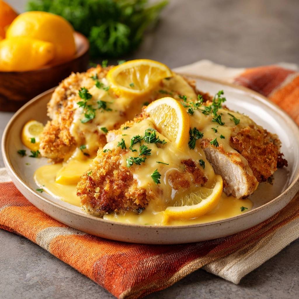 Crispy lemon cream chicken plated with lemon slices and fresh parsley garnish.