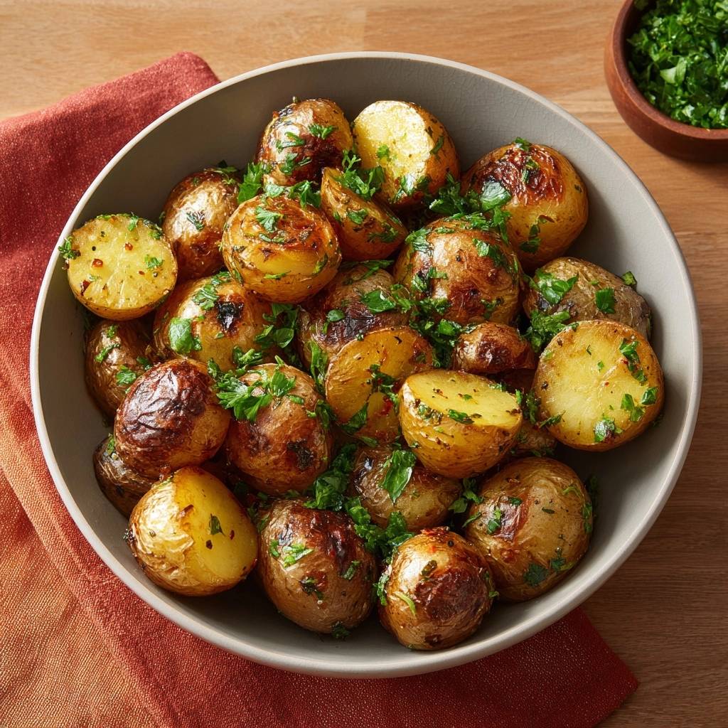 Crispy parsley baby potatoes served in a grey bowl, showcasing their golden-brown texture and fresh herb garnish.