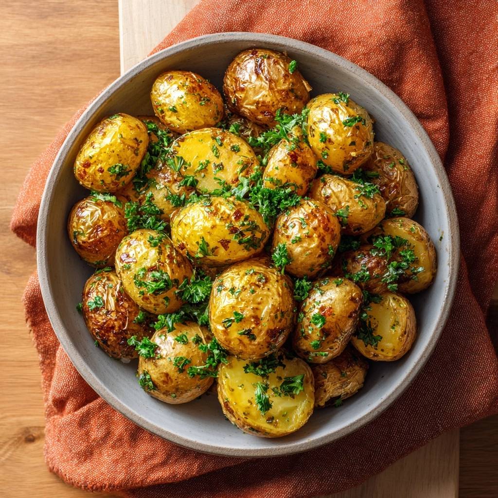 Crispy parsley baby potatoes served in a grey bowl, viewed from directly above, showcasing the golden roasted texture.