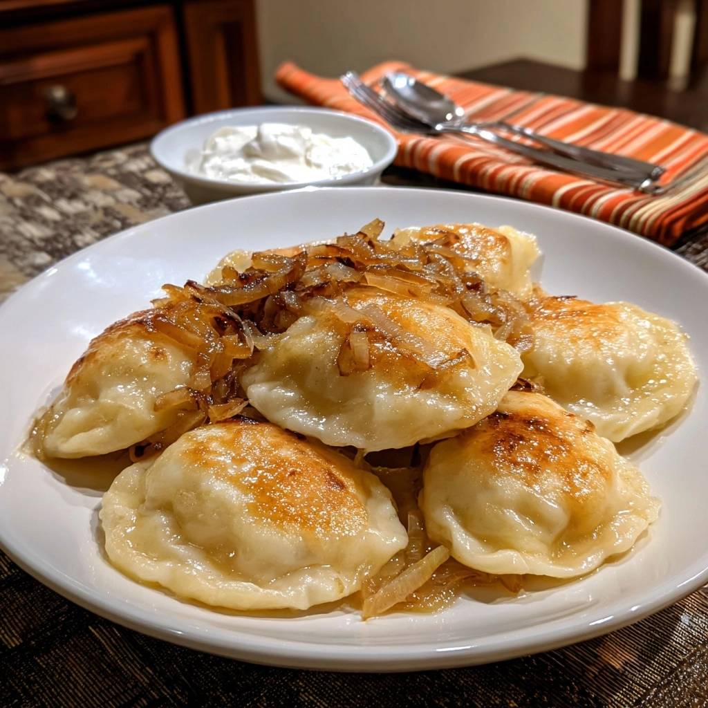 Crispy pierogi with caramelized onions plated on a white dish, served with a side of sour cream.