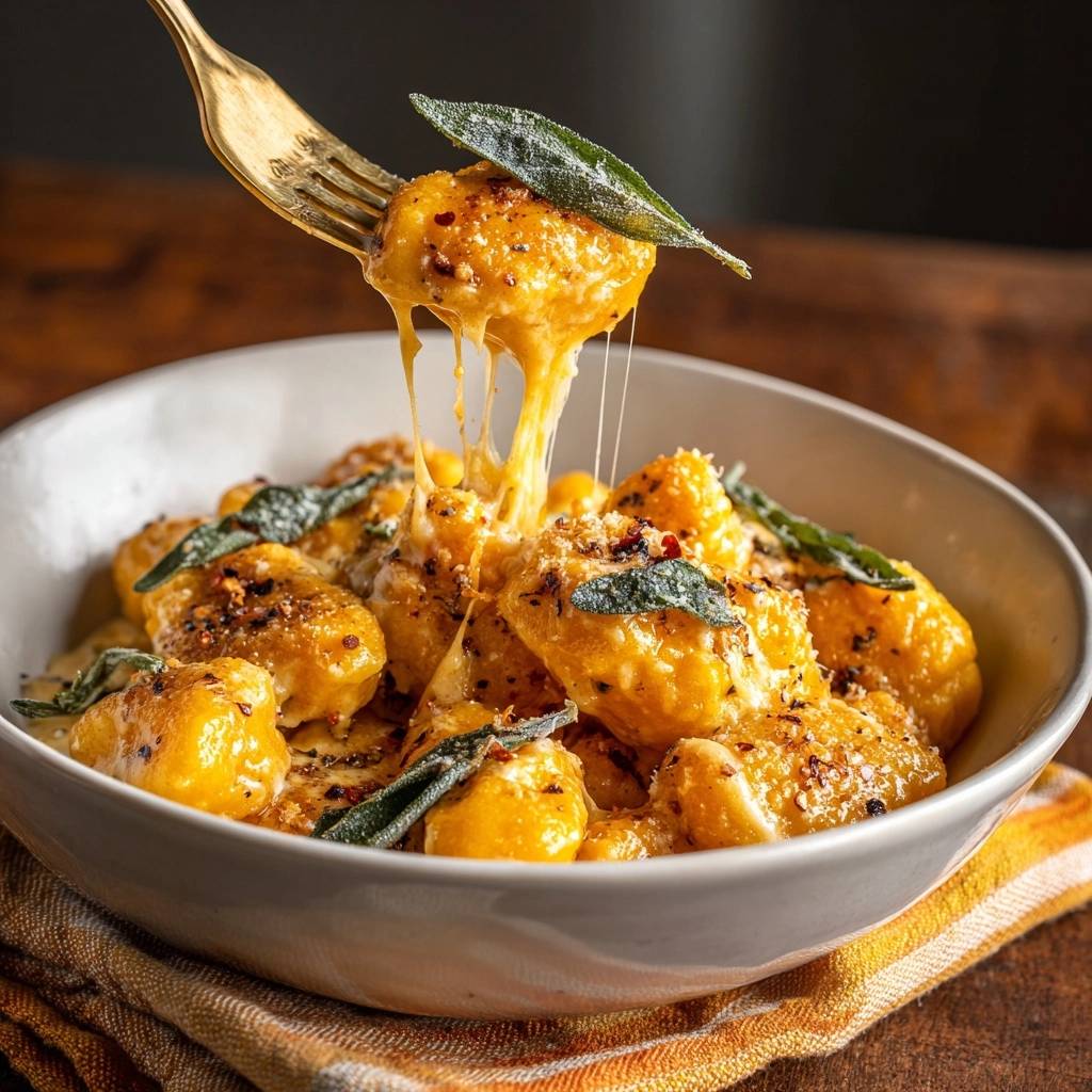 Crispy pumpkin gnocchi with sage butter, featuring a golden fork pulling up a cheesy strand.