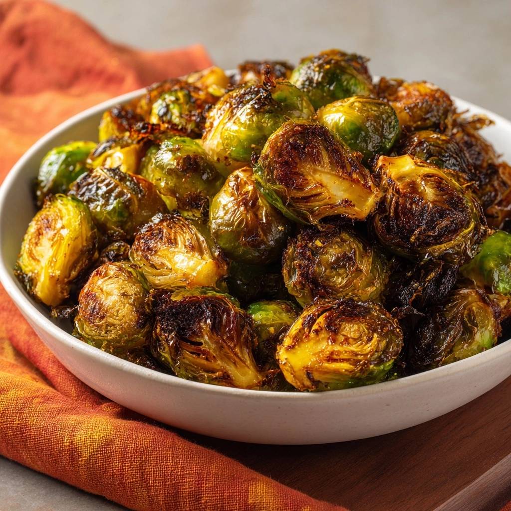 Crispy roasted brussels sprouts served in a white bowl, seen from the side with an orange napkin.