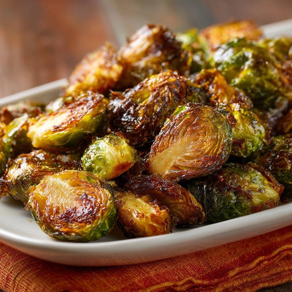 Crispy roasted Brussels sprouts shown in a close-up cross-section, highlighting their tender interior and caramelized edges.