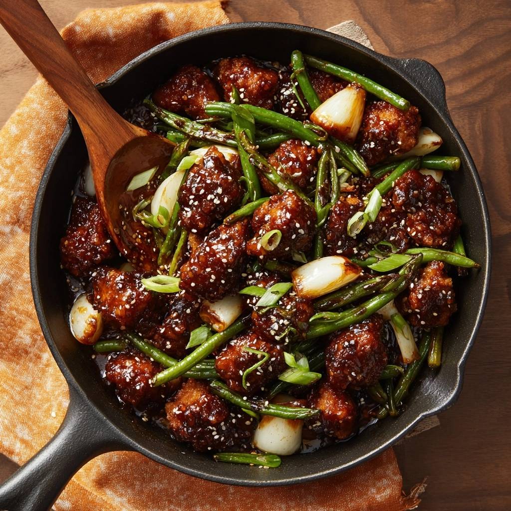 Crispy sesame chicken with green beans served in a black cast-iron skillet, a wooden spoon lifting the dish.