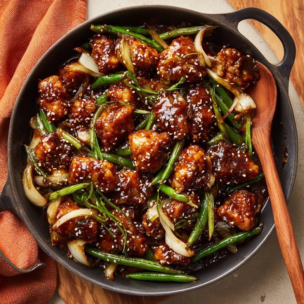 Crispy sesame chicken with green beans and onions served in a cast iron skillet with a wooden spoon.