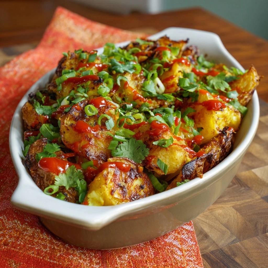 Crispy sriracha roasted potatoes in a dish, drizzled with sauce and topped with green onions and cilantro.