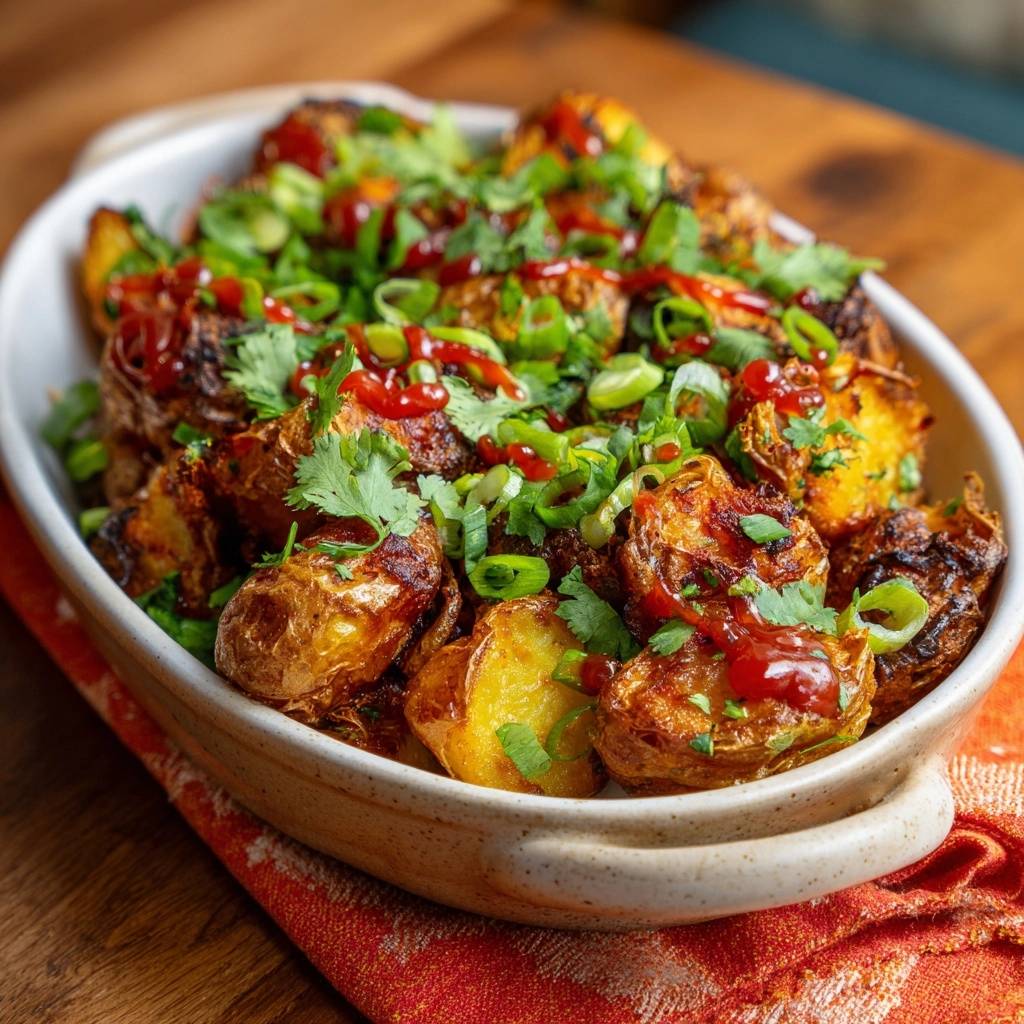 Crispy sriracha roasted potatoes generously drizzled with sauce and fresh green garnishes in a white dish.