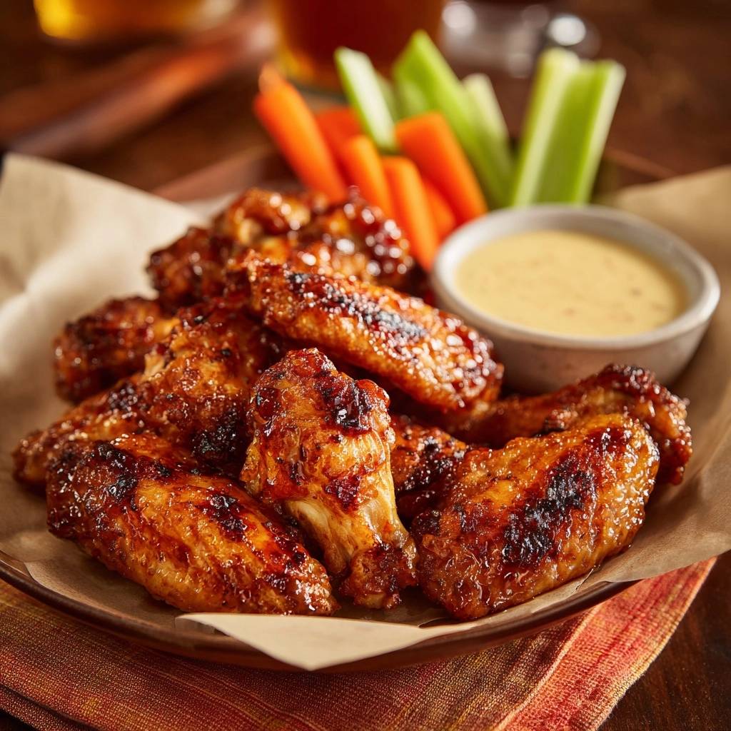 Crispy sticky glazed chicken wings served on a plate with celery, carrots, and dipping sauce.