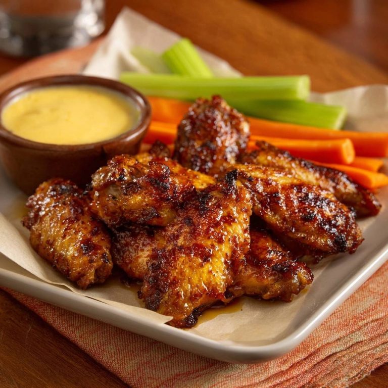 Crispy sticky glazed chicken wings served with a side of dipping sauce and fresh vegetables.
