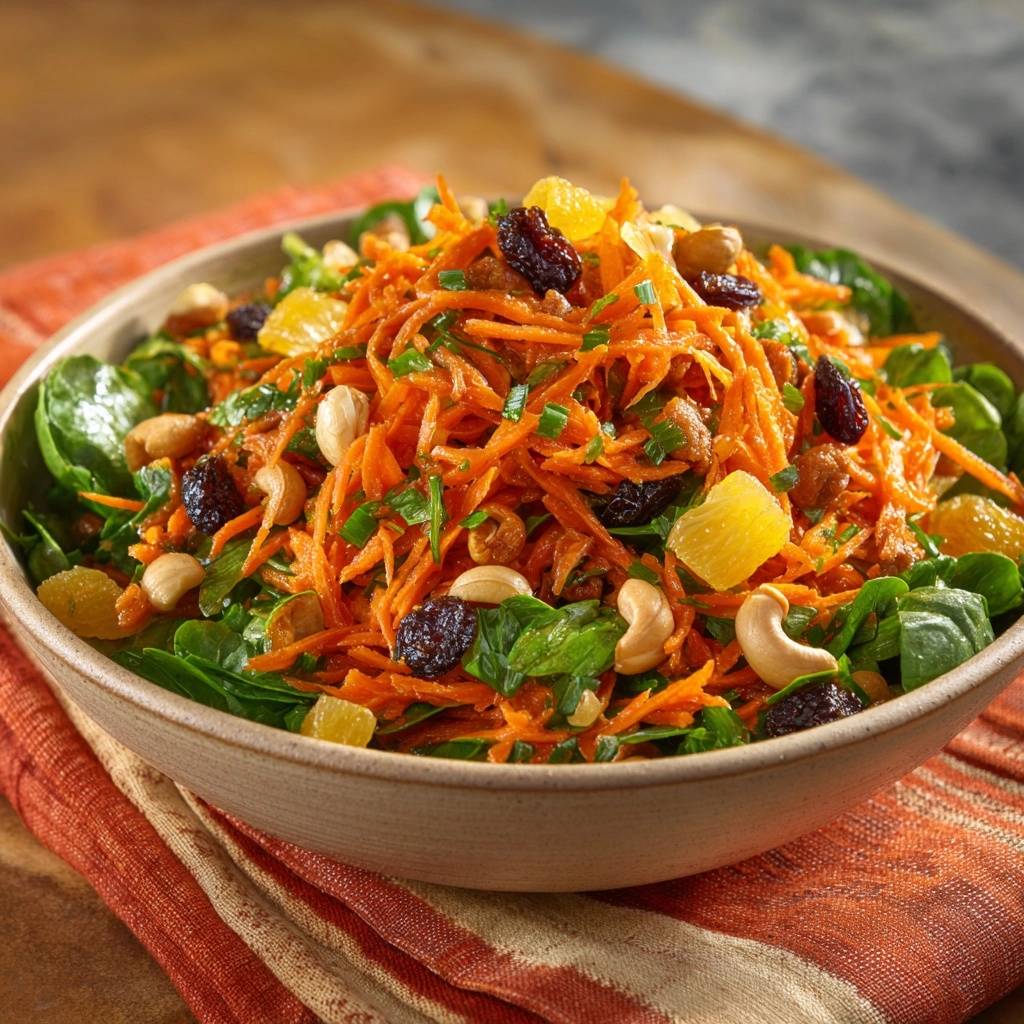 Crunchy tropical carrot cashew salad recipe served in a bowl, featuring a close-up view of shredded carrots, raisins, cashews, and orange segments.