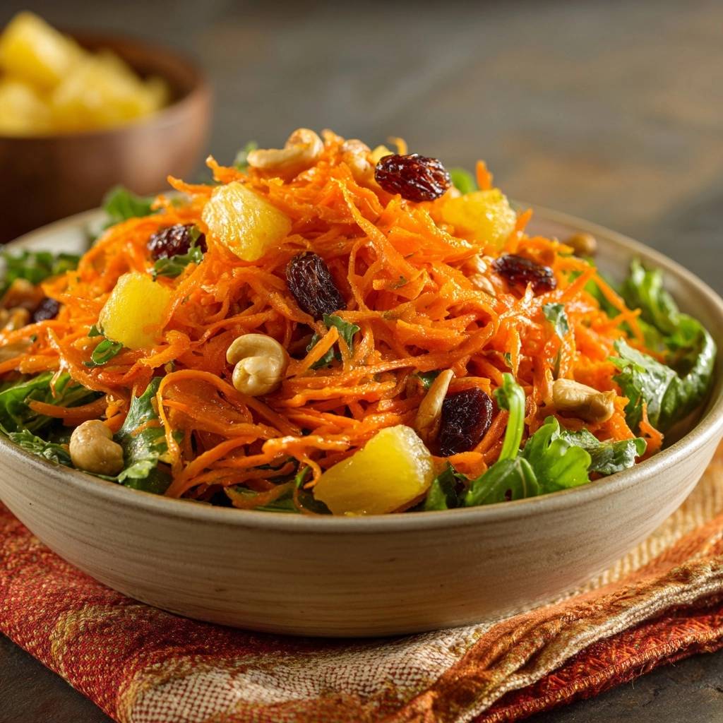 Crunchy tropical carrot cashew salad in a bowl, showcasing shredded carrots, pineapple chunks, raisins, and cashews.