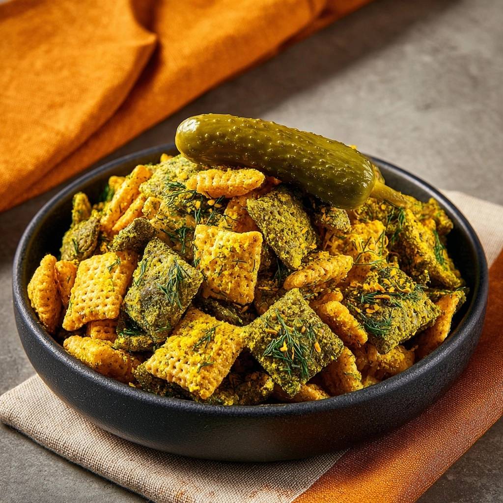 Dill Pickle Chex Mix featuring a whole pickle garnish and visible dill seasoning in a dark bowl.