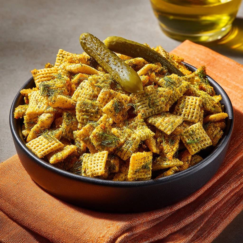 Dill Pickle Chex Mix with whole dill pickles and fresh dill garnish in a black bowl.