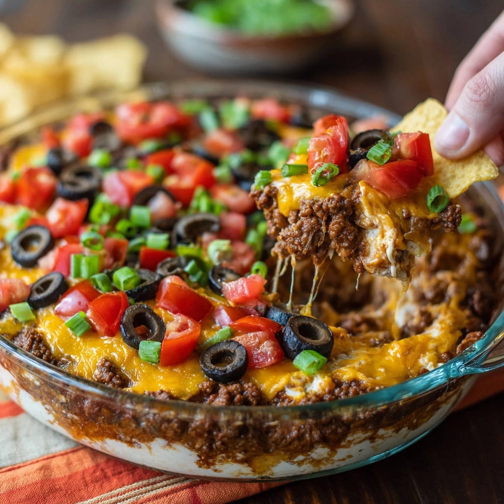 Easy layered taco dip with a chip scooping up a cheesy, meaty portion.