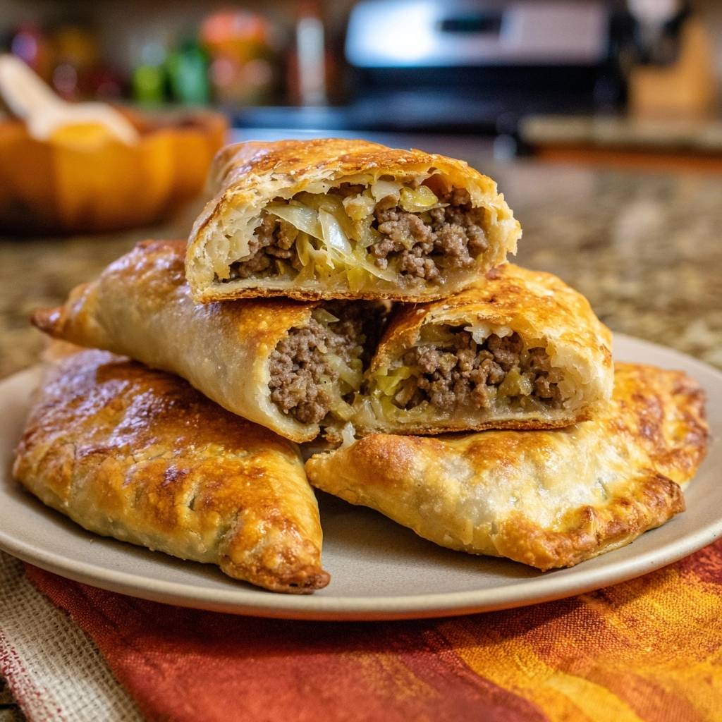 Flaky beef and cabbage empanadas are stacked, with one cut open revealing the savory filling.