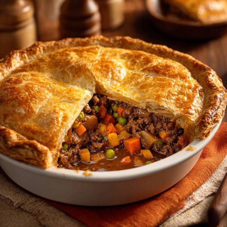 Flaky beef pot pie with a cross-section revealing the hearty meat and vegetable filling inside.