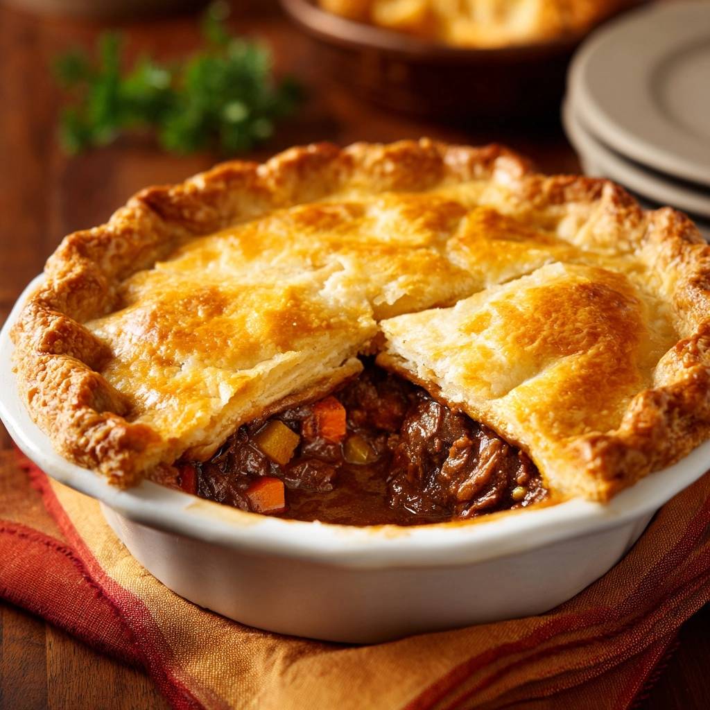 Flaky beef pot pie with a golden cross-section revealing the rich stew filling and vegetables within.