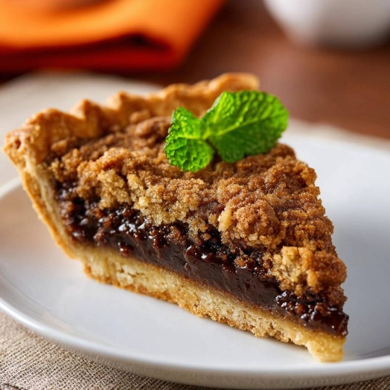 Fudgy crumb pie slice shown in close-up, revealing a rich chocolate interior and topped with a fresh mint sprig.